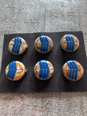 Set of 6 Round Blue and Cream Inlay Buttons